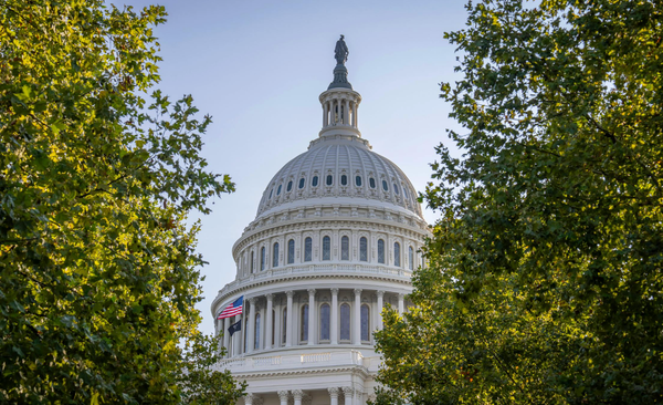 The Capital Rotunda framed by some green and yellow foliage